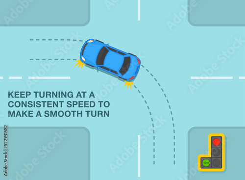 Safe driving tips and rules. Keep turning at a consistent speed to make smooth turn. Top view of a car turning at traffic signal with green arrow. Flat vector illustration template.