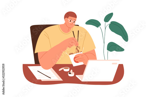 Employee eating Asian food at workplace. Office worker working at laptop and having lunch, noodle in box. Hungry busy person at work desk. Flat vector illustration isolated on white background