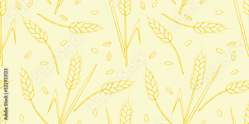 Wheat spikelets and grains, vector seamless pattern in flat style, isolated. Design of print, wrapping paper, packaging on theme of bakery products, flour, harvest, thanksgiving.