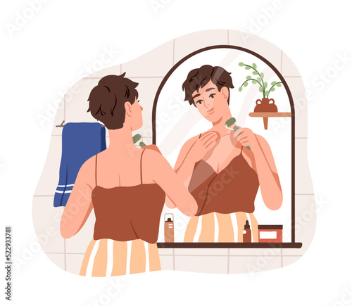 Young woman uses guasha roller for face and neck skin care, massage. Girl with gua sha, skincare routine in front of mirror at home bathroom. Flat vector illustration isolated on white background