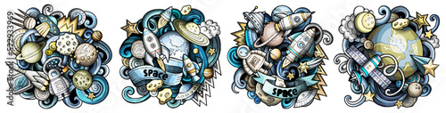Space cartoon vector doodle designs set.
