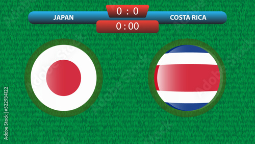 Japan vs Costa Rica scoreboard template for soccer tournament 2022 in Qatar. Group A match. Vector illustration. Sport template.