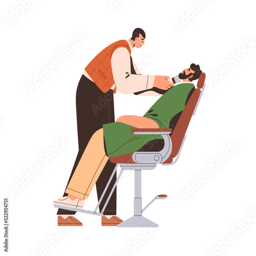 Barber shaving, grooming beard for man customer in chair. Hairstylist caring, trimming clients hair with electric shaver in barbershop salon. Flat vector illustration isolated on white background