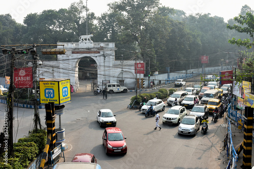 Kolkata, West Bengal  India - 12 29 2021: High angle view of many private cars, yellow cabs on the street traffic jam.