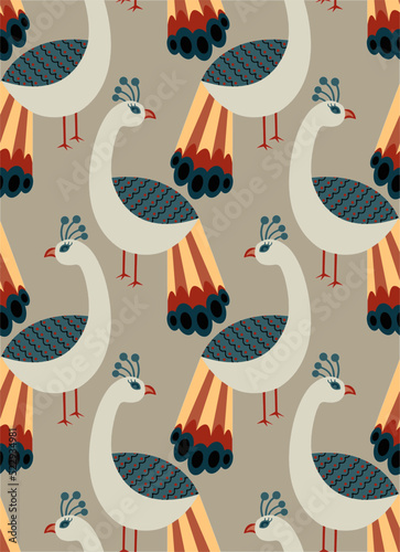 Abstract Hand Drawing Ethnic Oriental Peacocks Birds Seamless Vector Pattern Isolated Background