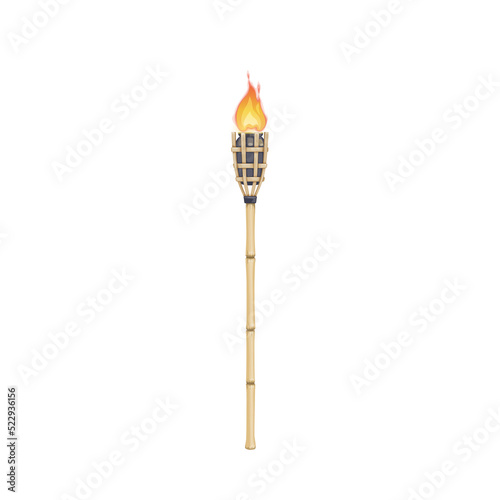 Tiki torch, burning beach bamboo lamp with fire