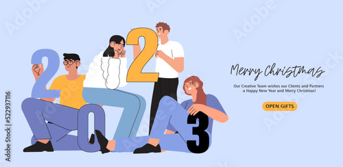 Banner, flyer, landing page with happy people or office workers, employees hold big numbers 2023. Group of friends or team wish Merry Christmas and happy New Year to their clients. Holiday greeting.