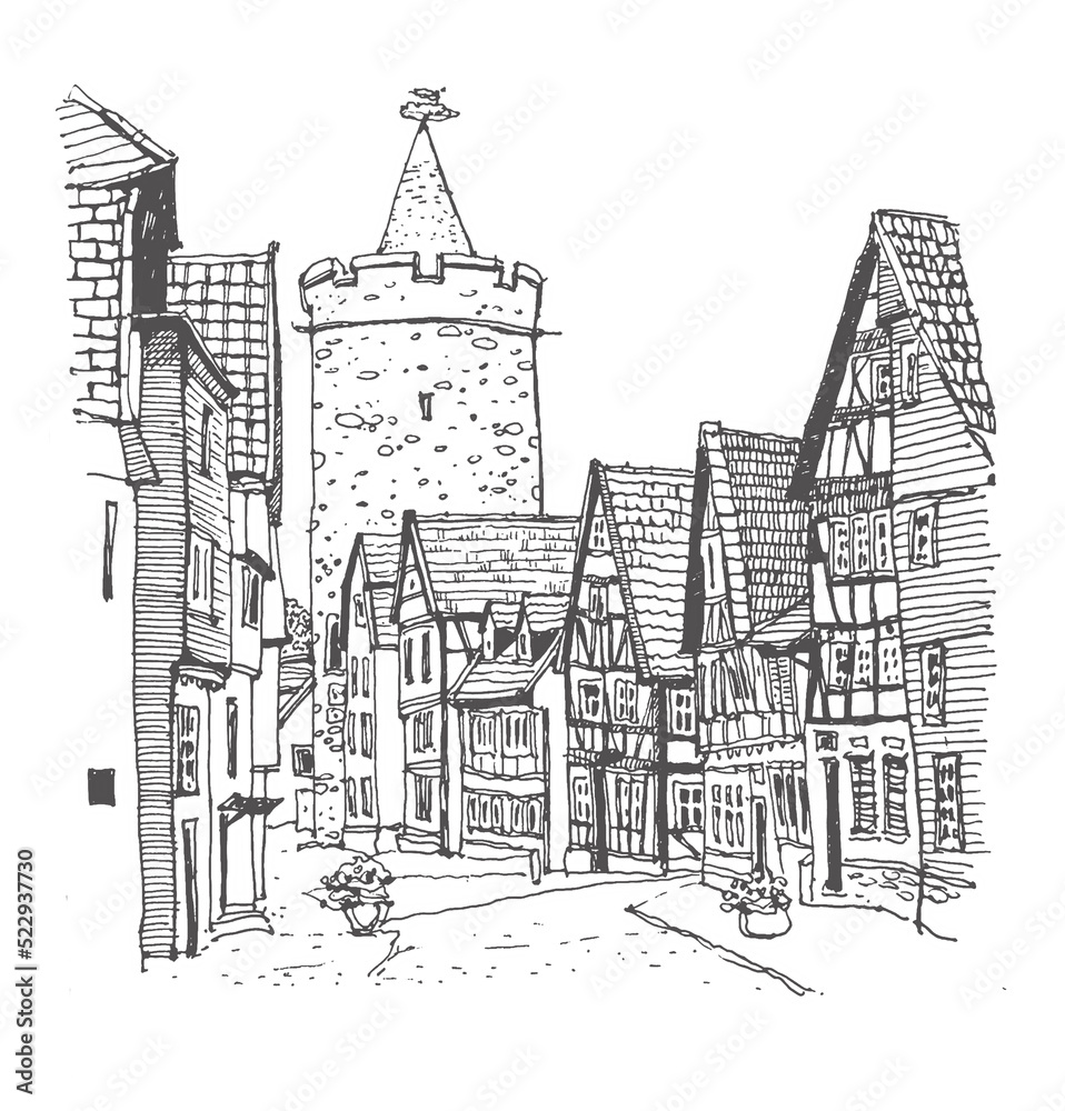 The Leonhard Tower in Alsfeld, Hesse, Germany. Medieval building line art. Freehand drawing. Hand drawn travel postcard of a old street in Alsfeld. Urban sketch in black color on white background.