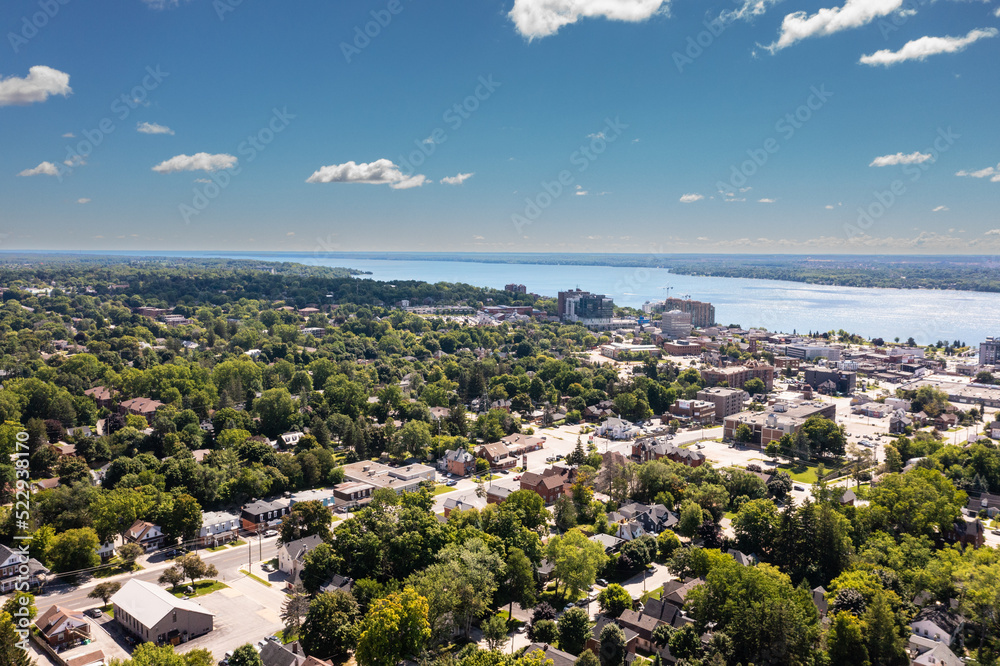 Barrie downtown drone views summer time blue lake blue clouds