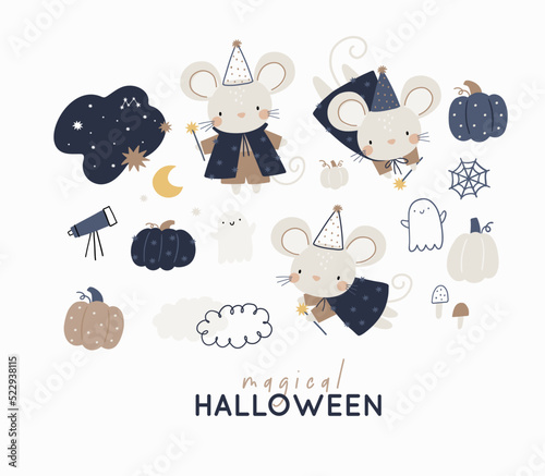 Happy Halloween print with cute cartoon littele mouse - stargazer. Magical Hallowween with pumpkin, fairy, stars, ghost