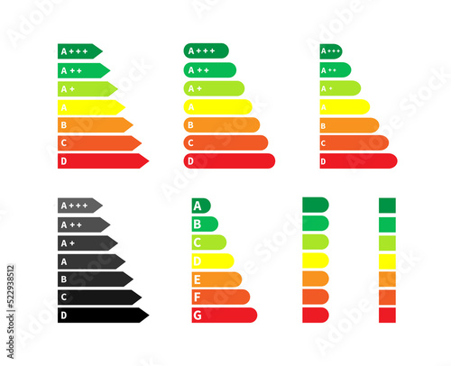 energy saving efficiency icon. save performance. building, home rating classification. house chart graph vector. bulb class certificate