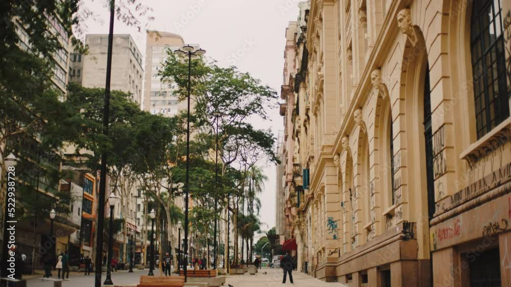 centre of sao paulo traveling out, sidewalk with passersby, slow motion centre of sao paulo traveling out, sidewalk with passersby, slow motion
