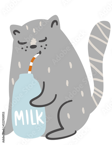 Vector children's illustration. Cute gray cat drinking milk from a bottle. Gray kitten 