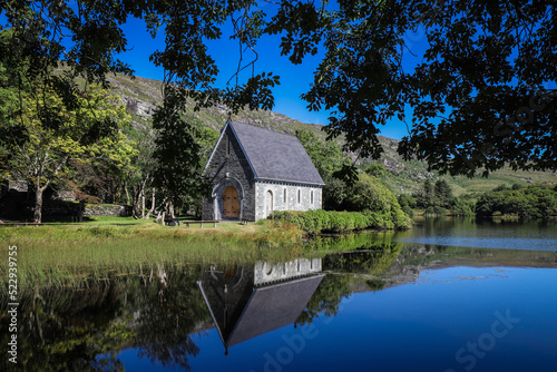 Gougane Barra is a scenic valley and heritage site in the Shehy Mountains of County Cork, Ireland. It is at the source of the River Lee and includes a lake with an oratory built on a small island. © bacothelock