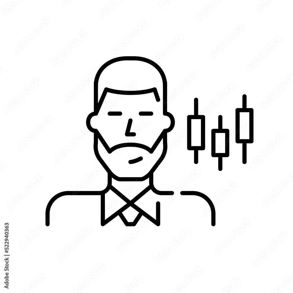Trading broker. Young professional man wearing tie and shirt. Pixel perfect, editable stroke line icon