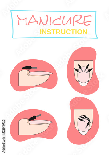 Manicure instruction. Nails cuticle remover guide. Cutter manicure instrument. Tutorial. Colorful poster.
