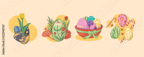 Easter Egg Illustration Bundle, with plant ornament on beige background