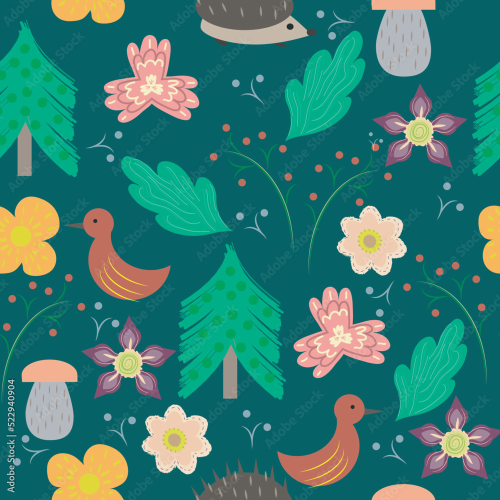 Vector seamless pattern with hand drawn plants, animals and birds, floral elements, hand drawn repeating background. 