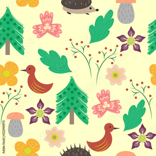 Seamless pattern with hand drawn plants and animals - hedgehog, birds, flowers.