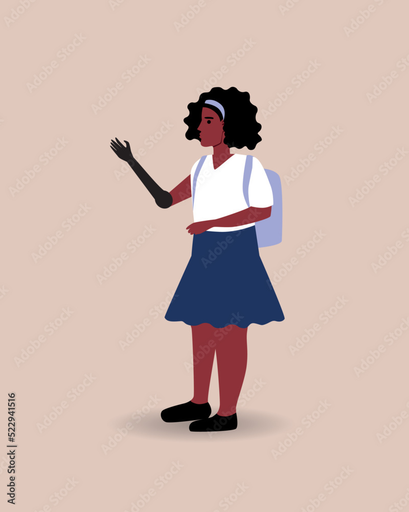 African girl or child with prosthetic arm isolated, flat vector stock illustration with schoolchild disabled with school bag African girl or child with prosthetic arm isolated, flat vector stock illustration with schoolchild disabled with school bag