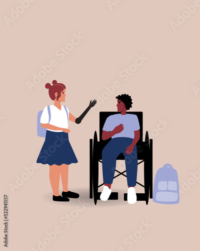 Girl with prosthetic arm and inclusive boy in wheelchair isolated, flat vector stock illustration with disabled schoolchild with school bag