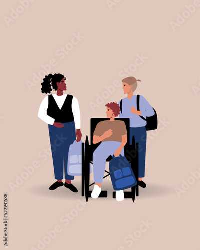 Inclusive group of children or classmates isolated, flat vector stock illustration with boy in wheelchair with school bag