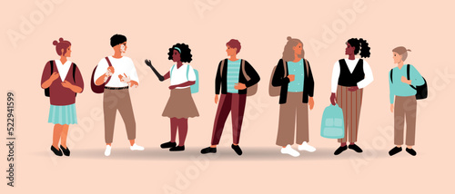 Children isolated, flat vector stock illustration inclusive group of primary school students, different gender, ethnic group, vitiligo