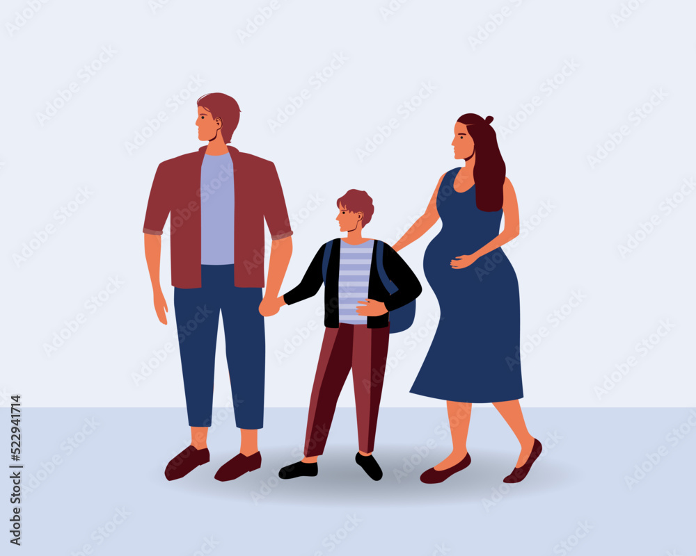 Obraz premium Schoolboy with parents, father with pregnant mother and son, flat vector stock illustration with preparation for school