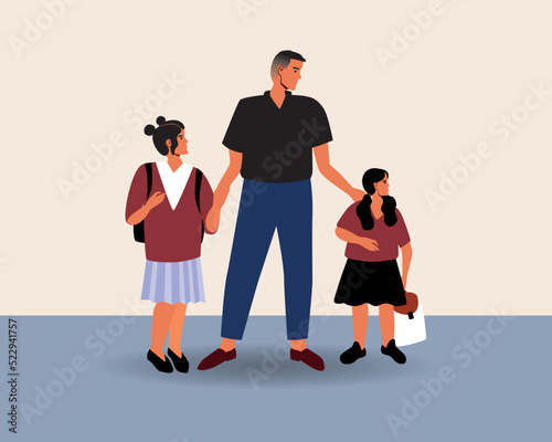 Parent with school children, flat vector stock illustration with school preparation, father and daughters with school bags