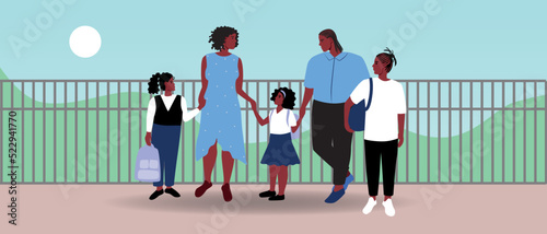 African parents escort their children to school, flat vector stock illustration with family outdoor in schoolyard
