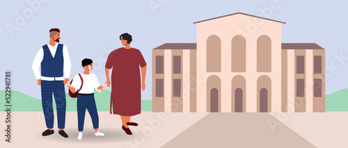 Parents escort schoolboy with backpack to school, flat vector stock illustration with family outdoor in schoolyard