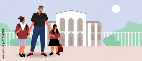 Parent escorts children to school or dad and daughters, flat vector stock illustration with family outdoor in schoolyard