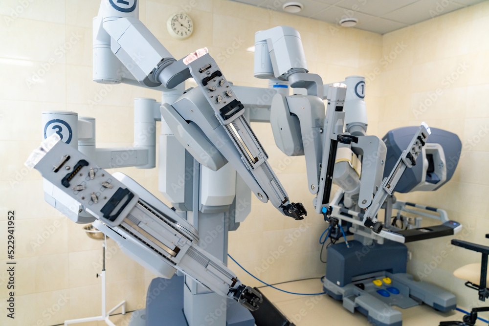 Modern surgery robotic system. Da vinci robot surgeon technologies.