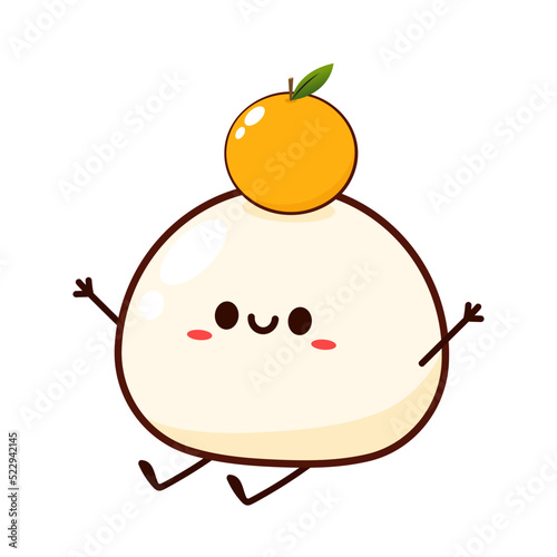 Cute Mochi cartoon vector. Mochi icon vector. Japanese rice dessert. Japanese New Year Kagami Mochi Rice Cake. Mandarin orange.
