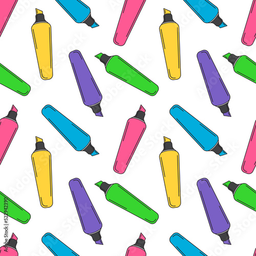Colorful seamless pattern with bright highlighters. Background with blue, green, yellow, punk, and violet markers. School supplies. Stationery for drawing and studying.