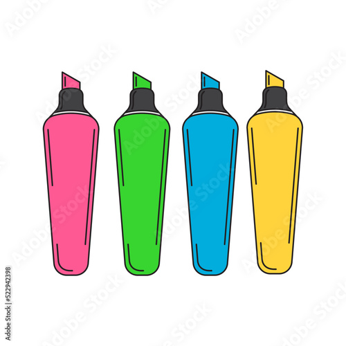 Vector set of colorful markers drawn in modern style. Highlighters. Stationery for studying and working. 