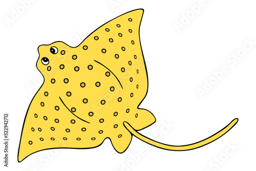 Cramp-fish. Marine cartilaginous fish with a long tail and wings. Vector illustration. A yellow ocean dweller with a spotted back. Skat. Underwater creation. Cartoon style. Isolated background. 