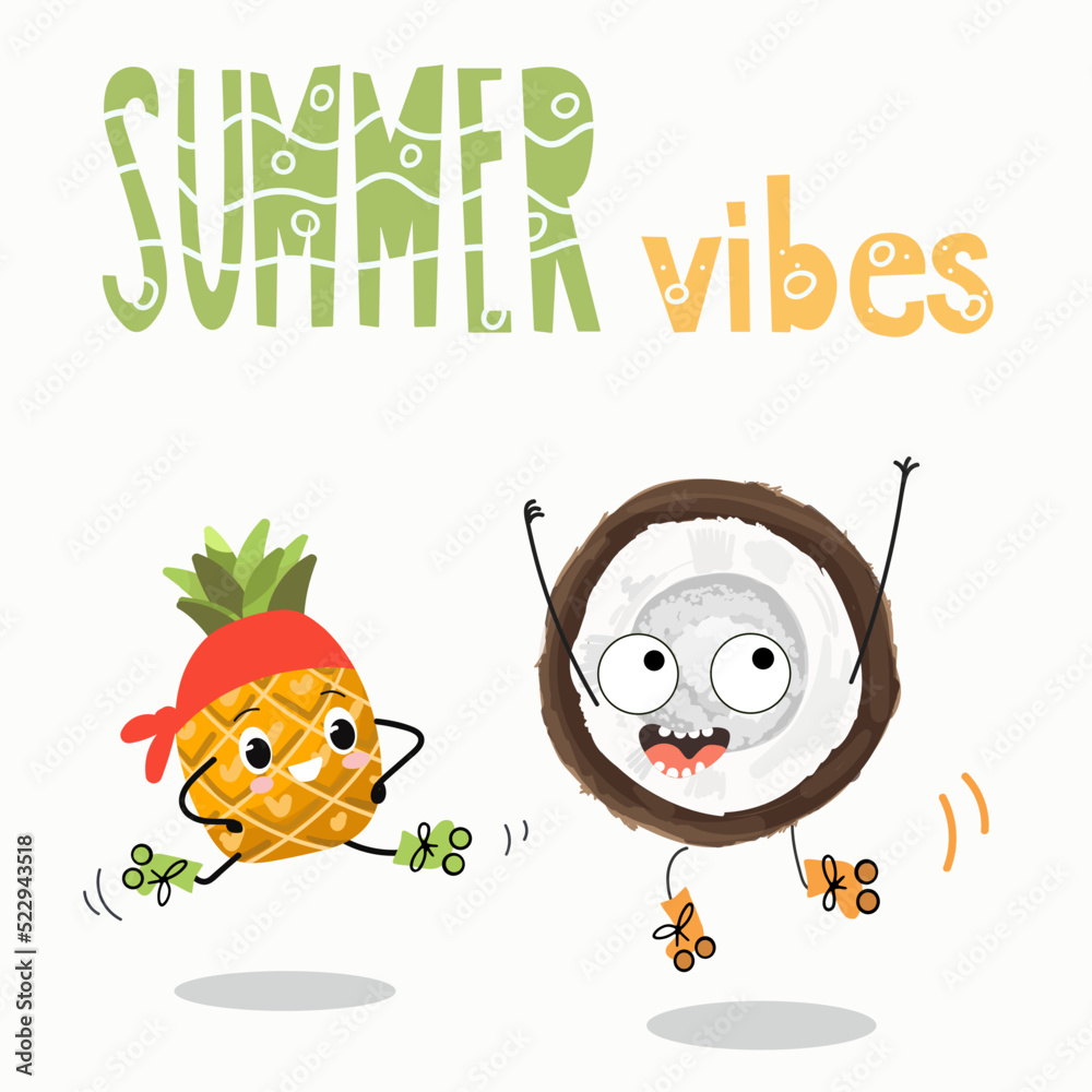 Vector illustration of funny characters, cartoon, pineapple and coconut