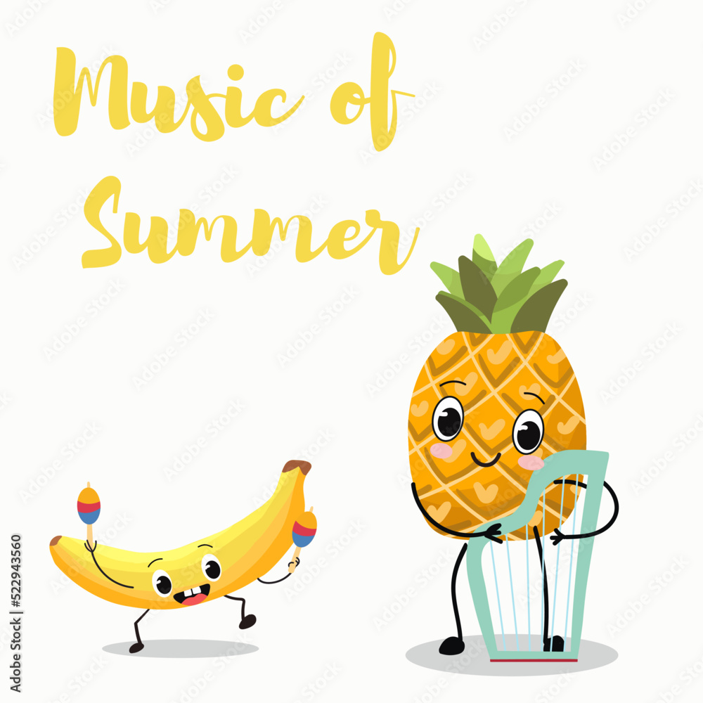 Fototapeta premium Vector illustration of funny cartoon characters, pineapple plays the harp, flute, banana plays on the inscription music summer.