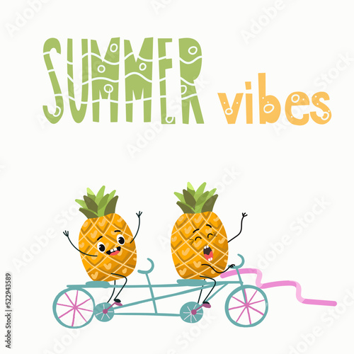 Vector illustration of funny characters, cartoon, couple of pineapples, ride a bike, tandem, win the competition. Lettering summer vibes.