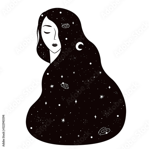 Abstract print design with long hair celestial woman.  Inspirational space poster. Stars, planets, the moon in the girl's hair. Black and white poster. Stock vector illustration