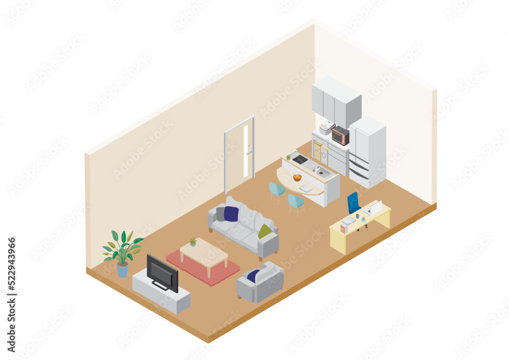 アイソメトリック_一戸建てリビングダイニングキッチンのイラスト アイソメトリック_一戸建てリビングダイニングキッチンのイラスト