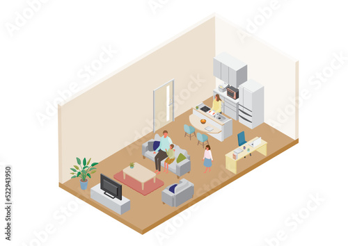 アイソメトリック＿一戸建てリビングダイニングキッチンのイラスト