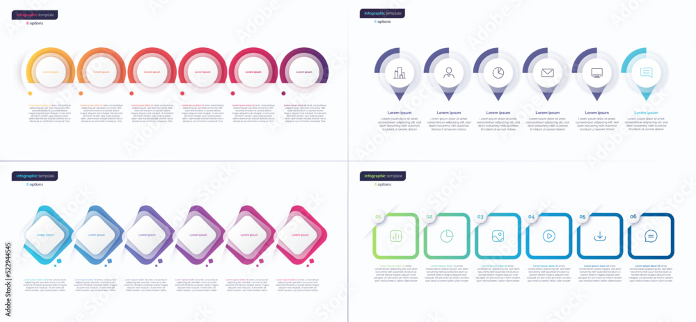 Vector gradient minimalistic infographic templates composed of 6 shapes