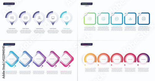 Vector gradient minimalistic infographic templates composed of 5 shapes