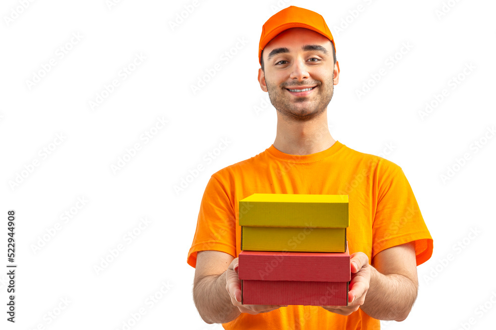 Delivery man with a box. Courier in uniform cap and t-shirt service fast delivering orders. Young guy holding a cardboard package. Character on isolated white background for mockup design Delivery man with a box. Courier in uniform cap and t-shirt service fast delivering orders. Young guy holding a cardboard package. Character on isolated white background for mockup design