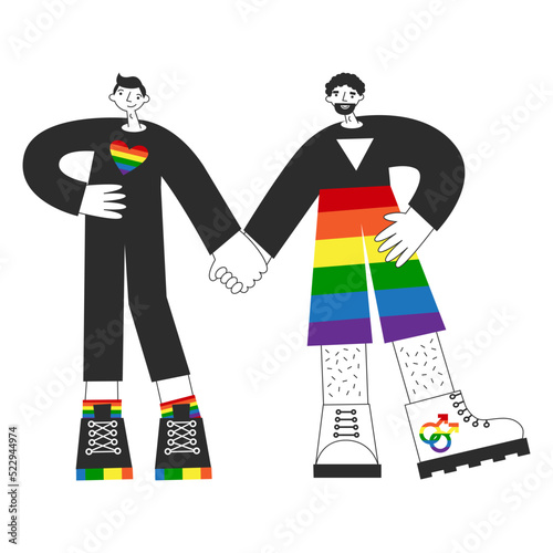 Gay couple standing with rainbow flag, lgbtq symbols. Homosexual queer men visibility, awareness, equality, pride and rights. Same-sex love and marriage concept isolated vector flat illustration.