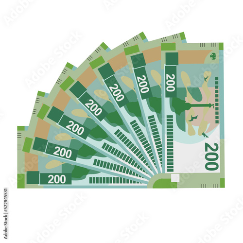 Russian Ruble Vector Illustration. Russia money set bundle banknotes. Paper money 200 RUB. Flat style. Isolated on white background. Simple minimal design.
