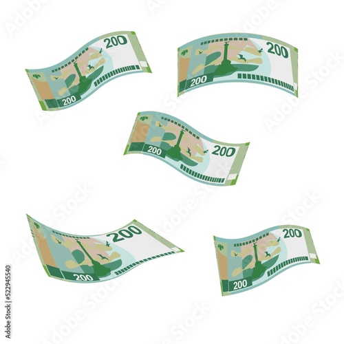 Russian Ruble Vector Illustration. Russia money set bundle banknotes. Falling, flying money 200 RUB. Flat style. Isolated on white background. Simple minimal design.