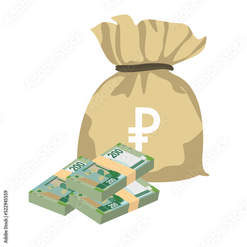 Russian Ruble Vector Illustration. Russia money set bundle banknotes. Money bag 200 RUB. Flat style. Isolated on white background. Simple minimal design.